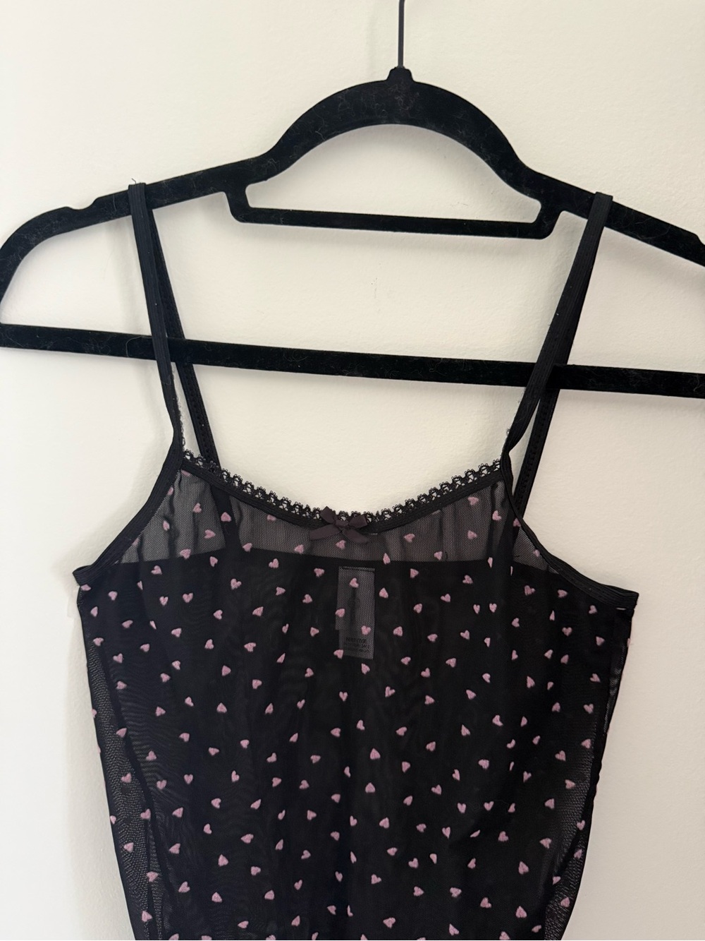 Vintage Black Sheer Heart-Print Slip Dress with Lace Trim | Valentines Day
